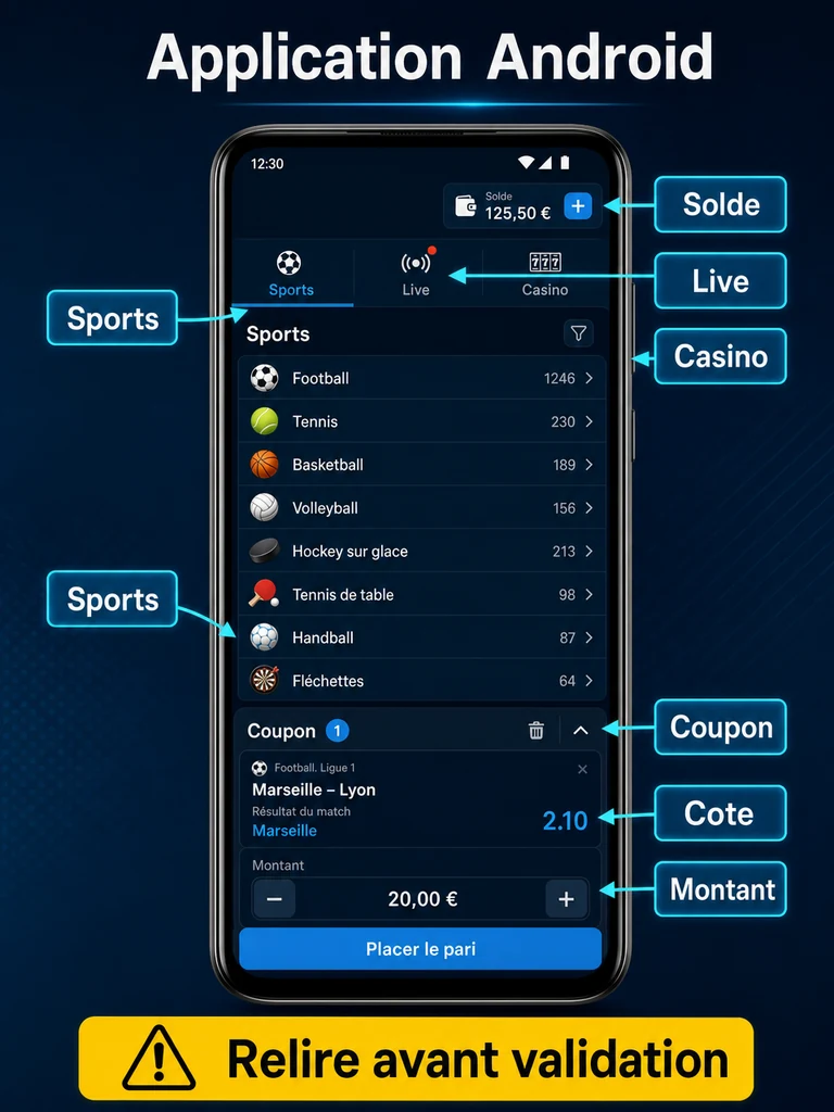 Infographie: comprendre l'interface Android, les sports, le coupon et le solde.